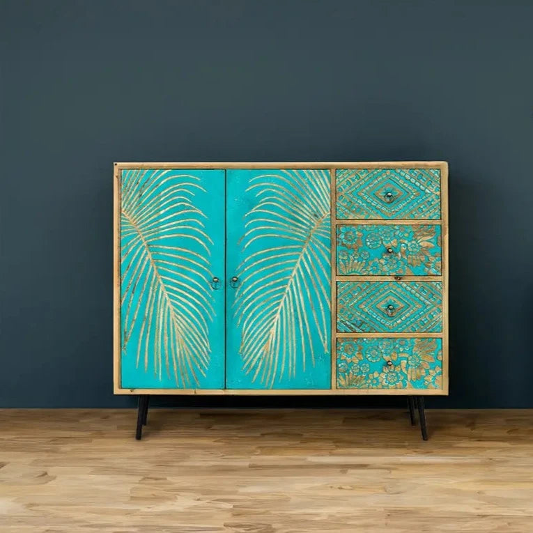 Urban Loft Handmade Solid Mango Wood Carved 4 Drawers 2 Door Sideboard