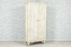 Urban Loft Handmade Solid Mango Wood Carved 2 Doors Cupboard Cabinet in White