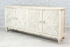 Urban Loft Handmade Solid Mango Wood Carved 4 Doors Sideboard on White