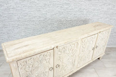 Urban Loft Handmade Solid Mango Wood Carved 4 Doors Sideboard on White