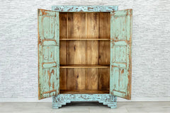 Urban Loft Handmade Solid Mango Wood Floral Carved Cupboard Cabinet in Antique Blue