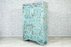 Urban Loft Handmade Solid Mango Wood Floral Carved Cupboard Cabinet in Antique Blue