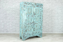 Urban Loft Handmade Solid Mango Wood Floral Carved Cupboard Cabinet in Antique Blue