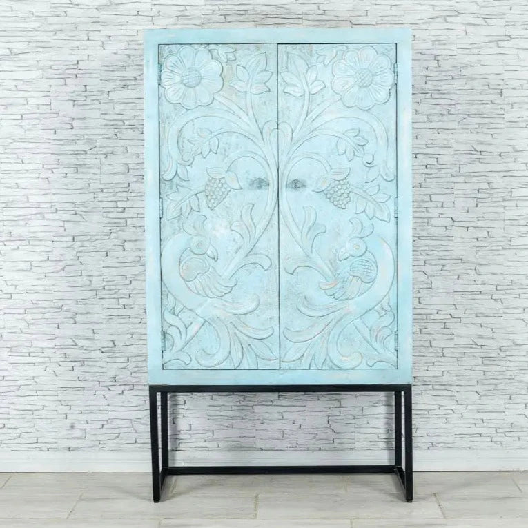 Urban Loft Handmade Solid Mango Wood Carved Cabinet On Metal Stand in Blue