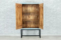 Urban Loft Handmade Solid Mango Wood Carved Cabinet On Metal Stand in Blue