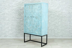 Urban Loft Handmade Solid Mango Wood Carved Cabinet On Metal Stand in Blue