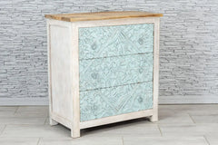 Urban Loft Handmade Solid Mango Wood Carved Chest of Drawers in Blue White