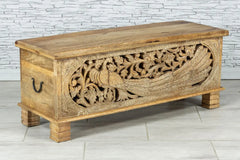 Urban Loft Handmade Solid Mango Wood Peacock Carvings Blanket Trunk Box Coffee Table