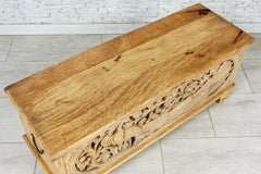 Urban Loft Handmade Solid Mango Wood Peacock Carvings Blanket Trunk Box Coffee Table