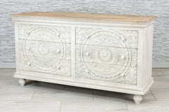 Urban Loft Handmade Solid Mango Wood Carved Chest of Drawers in White