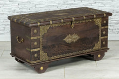 Handmade Indian Furniture Solid Hard Wood Storage Chest With Brass Fittings Brown