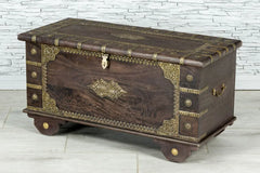 Handmade Indian Furniture Solid Hard Wood Storage Chest With Brass Fittings Brown