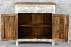 Urban Loft Handmade Solid Mango Wood Floral Carved 2 Door Cabinet in Distressed White