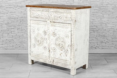 Urban Loft Handmade Solid Mango Wood Floral Carved 2 Door Cabinet in Distressed White