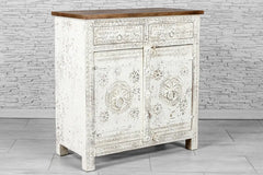 Urban Loft Handmade Solid Mango Wood Floral Carved 2 Door Cabinet in Distressed White