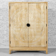 Urban Loft Handmade Solid Mango Wood Mandala Carvings 2 Doors Cupboard Cabinet