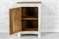 Urban Loft Handmade Solid Mango Wood Floral Carved Bedside Table Distressed White