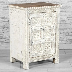 Urban Loft Handmade Solid Mango Wood Floral Carved Bedside Table Distressed White