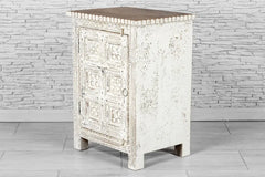 Urban Loft Handmade Solid Mango Wood Floral Carved Bedside Table Distressed White