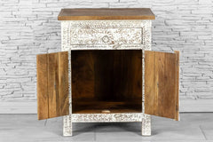 Urban Loft Handmade Solid Mango Wood Floral Carved Bedside Table in Distressed White