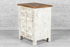 Urban Loft Handmade Solid Mango Wood Floral Carved Bedside Table in Distressed White