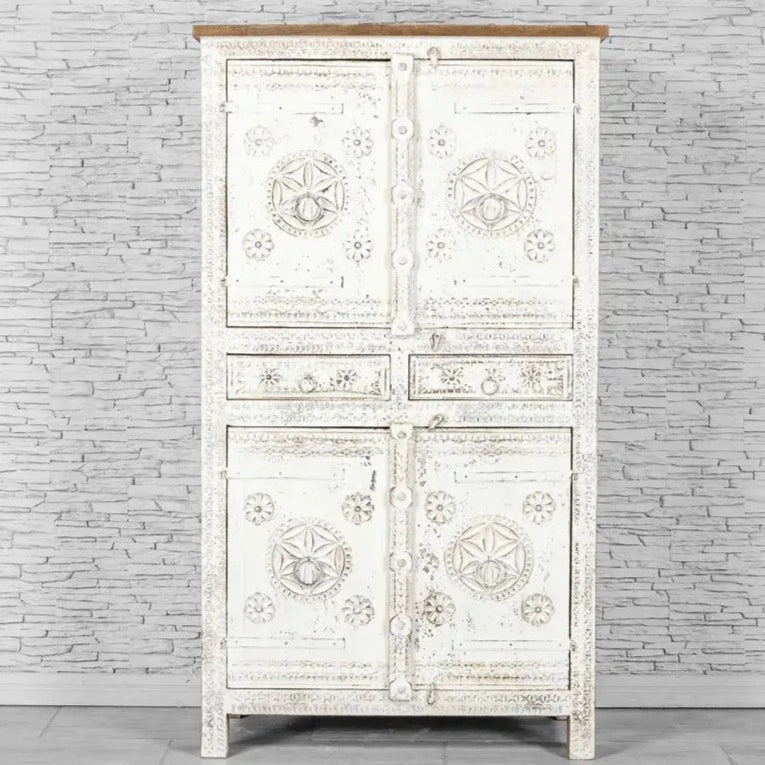 Urban Loft Handmade Solid Mango Wood Floral Carved Cupboard Cabinet Distressed White