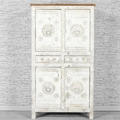 Urban Loft Handmade Solid Mango Wood Floral Carved Cupboard Cabinet Distressed White