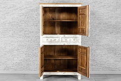 Urban Loft Handmade Solid Mango Wood Floral Carved Cupboard Cabinet Distressed White