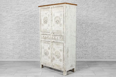 Urban Loft Handmade Solid Mango Wood Floral Carved Cupboard Cabinet Distressed White