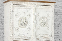 Urban Loft Handmade Solid Mango Wood Floral Carved Cupboard Cabinet Distressed White