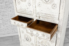 Urban Loft Handmade Solid Mango Wood Floral Carved Cupboard Cabinet Distressed White