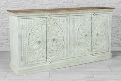 Urban Loft Handmade Solid Mango Wood Carved Sideboard With Natural Top  White