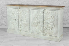 Indian Furniture Solid Hard Wood Sideboard Mandala Carvings in White