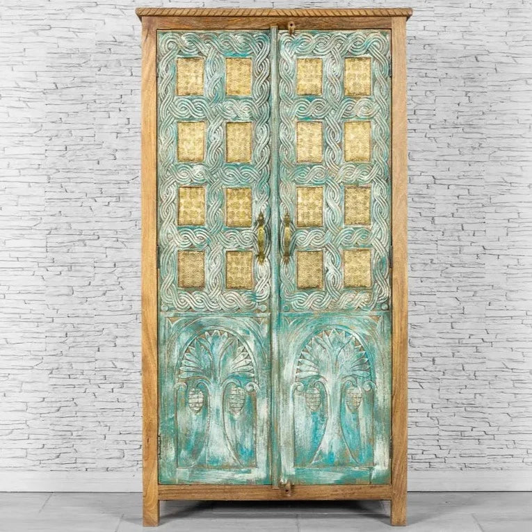 Urban Loft Handmade Solid Mango Wood Carved Brass Work Cupboard Cabinet