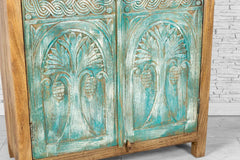 Urban Loft Handmade Solid Mango Wood Carved Brass Work Cupboard Cabinet