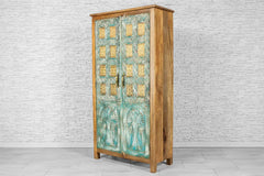 Urban Loft Handmade Solid Mango Wood Carved Brass Work Cupboard Cabinet