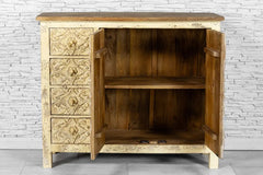 Urban Loft Handmade Solid Mango Wood Carved Sideboard Distresses White