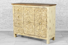 Urban Loft Handmade Solid Mango Wood Carved Sideboard Distresses White