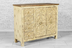 Urban Loft Handmade Solid Mango Wood Carved Sideboard Distresses White