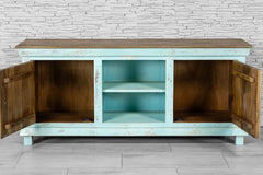 Urban Loft Handmade Solid Mango Wood Carved 2 Doors TV Unit in Blue