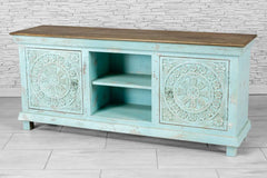 Urban Loft Handmade Solid Mango Wood Carved 2 Doors TV Unit in Blue