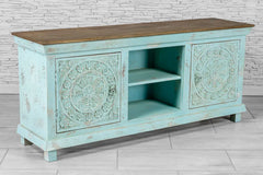 Urban Loft Handmade Solid Mango Wood Carved 2 Doors TV Unit in Blue