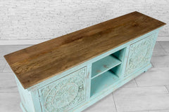 Urban Loft Handmade Solid Mango Wood Carved 2 Doors TV Unit in Blue