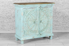 Urban Loft Handmade Solid Mango Wood Carved 2 Doors Cabinet in Blue