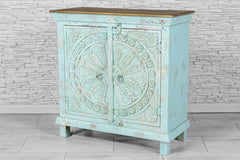 Urban Loft Handmade Solid Mango Wood Carved 2 Doors Cabinet in Blue