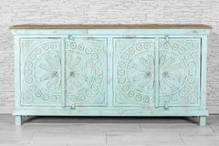 Urban Loft Handmade Solid Mango Wood Carved 4 Doors Sideboard in Blue