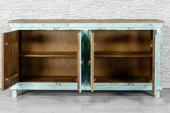 Urban Loft Handmade Solid Mango Wood Carved 4 Doors Sideboard in Blue