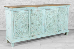 Urban Loft Handmade Solid Mango Wood Carved 4 Doors Sideboard in Blue