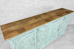 Urban Loft Handmade Solid Mango Wood Carved 4 Doors Sideboard in Blue