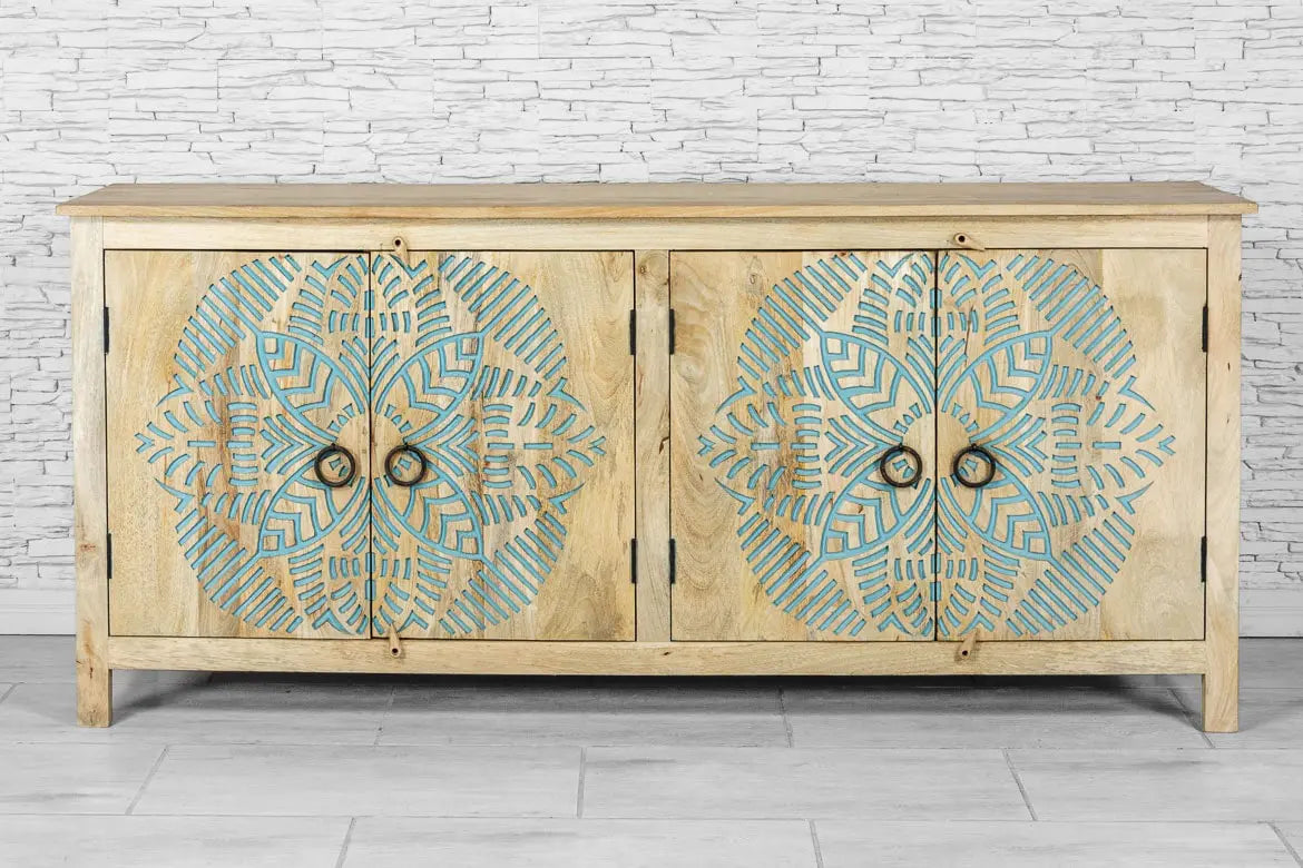 Urban Loft Handmade Solid Mango Wood Carved 4 Doors Sideboard